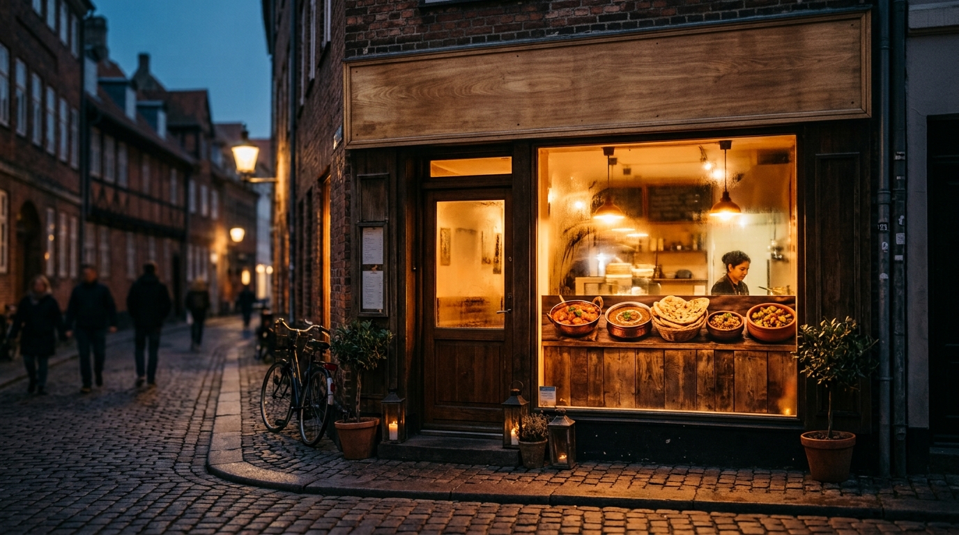 Varmt oplyst indisk takeaway-køkken om aftenen med nordindiske retter klar til afhentning