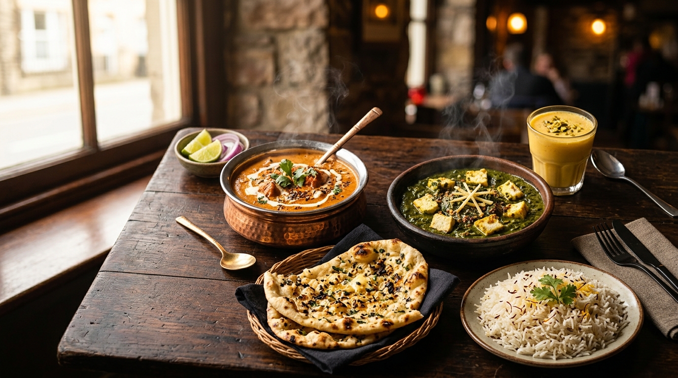 Indisk mad fra restaurant i Kastrup — butter chicken, palak paneer, garlic naan og mango lassi fra Inder'n på Sirgræsvej 4