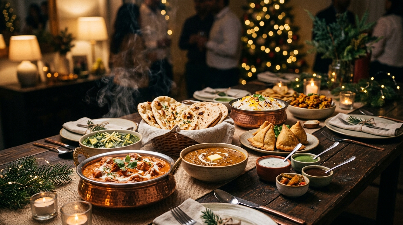 Indisk buffet til julefrokost catering i Kastrup — butter chicken, dal makhani, naan og basmati ris på et langbord