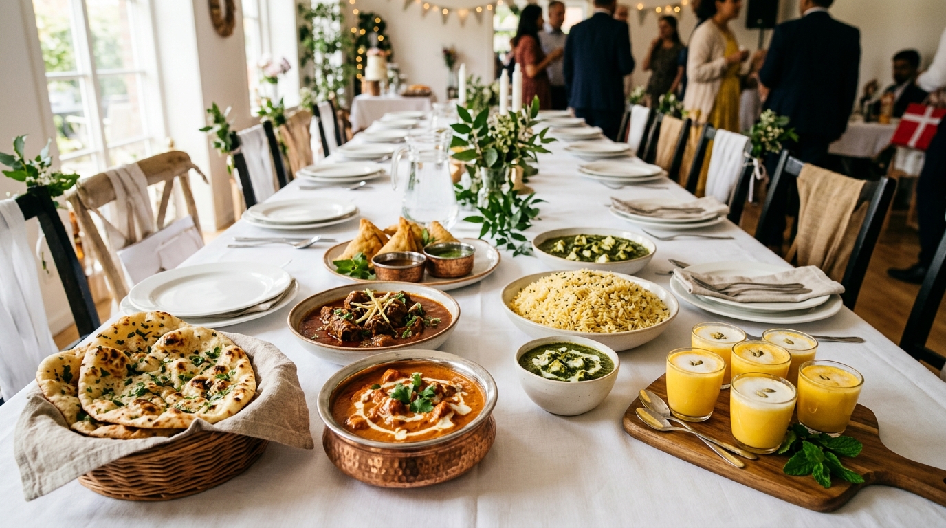 Indisk konfirmation catering buffet i Kastrup — butter chicken, palak paneer, basmati ris og naan på langt bord