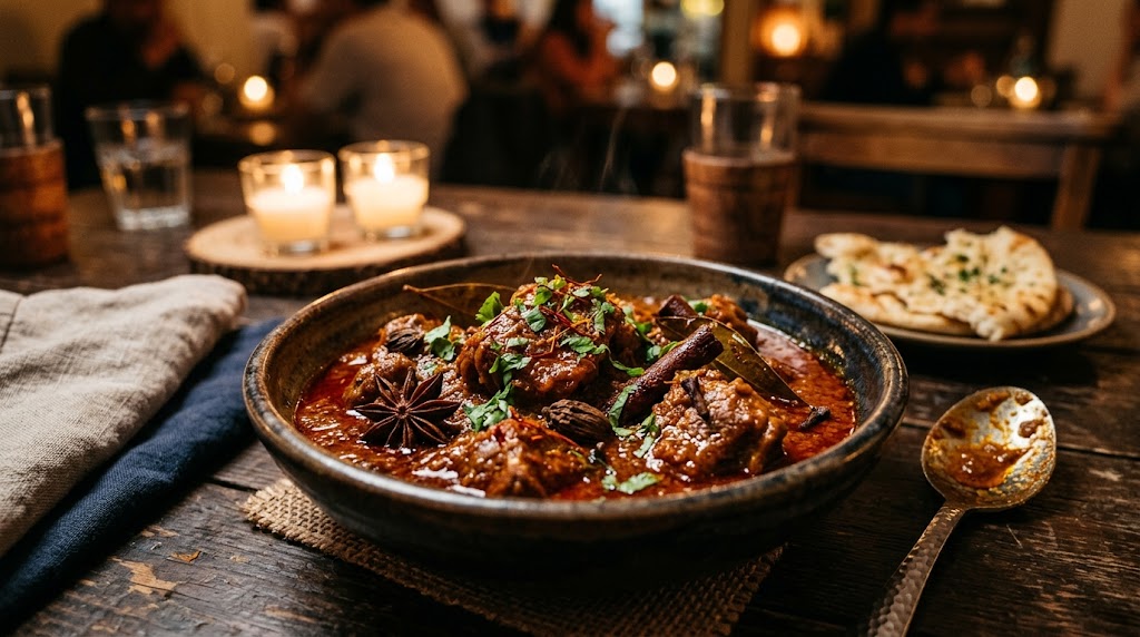 Slow-braised Lamb Rogan Josh in a ceramic bowl with deep-red Kashmiri sauce, at Inder'n takeaway in Kastrup near Copenhagen Airport