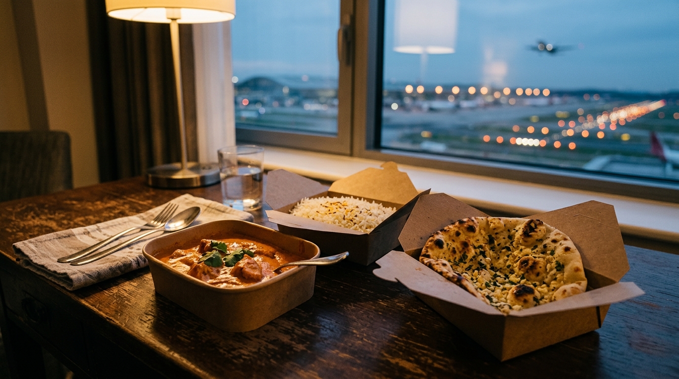 Indisk takeaway i papbakker med butter chicken, naan og ris på et hotelværelse nær Københavns Lufthavn i Kastrup