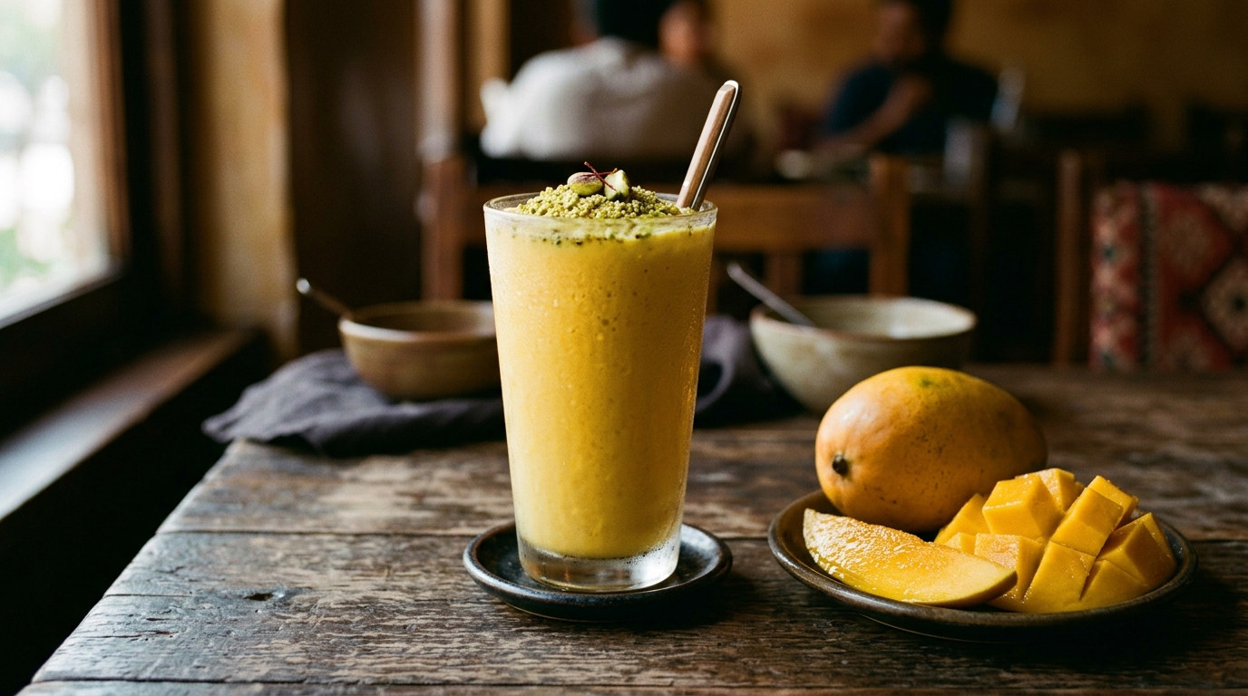 Mango Lassi i Kastrup — kølig, cremet indisk yoghurtdrik med moden mango fra Inder'n