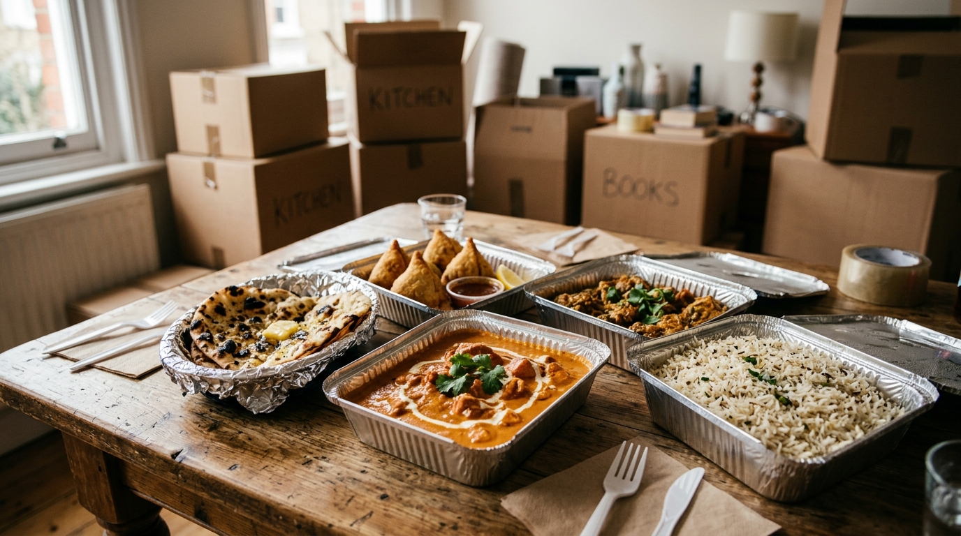 Foil trays of Indian catering food including curry, naan and rice, set out for a moving day meal in Kastrup