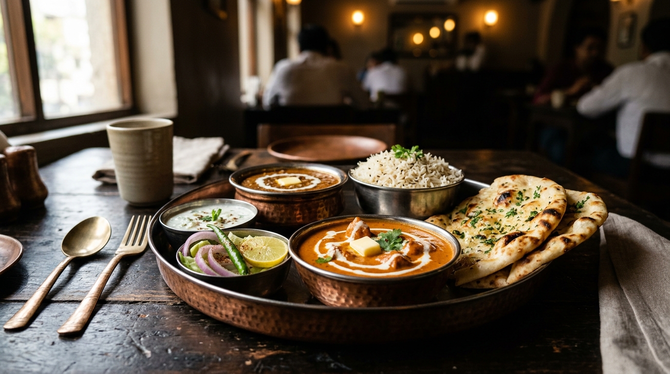 Nordindisk thali med butter chicken, daal makhani, naan og basmati ris fra Inder'n i Kastrup