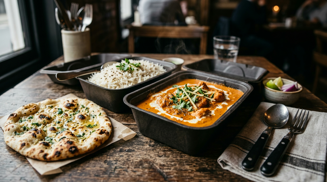 Indisk takeaway fra Inder'n i Kastrup: Butter Chicken med basmatiris og garlic naan i takeaway-bakker