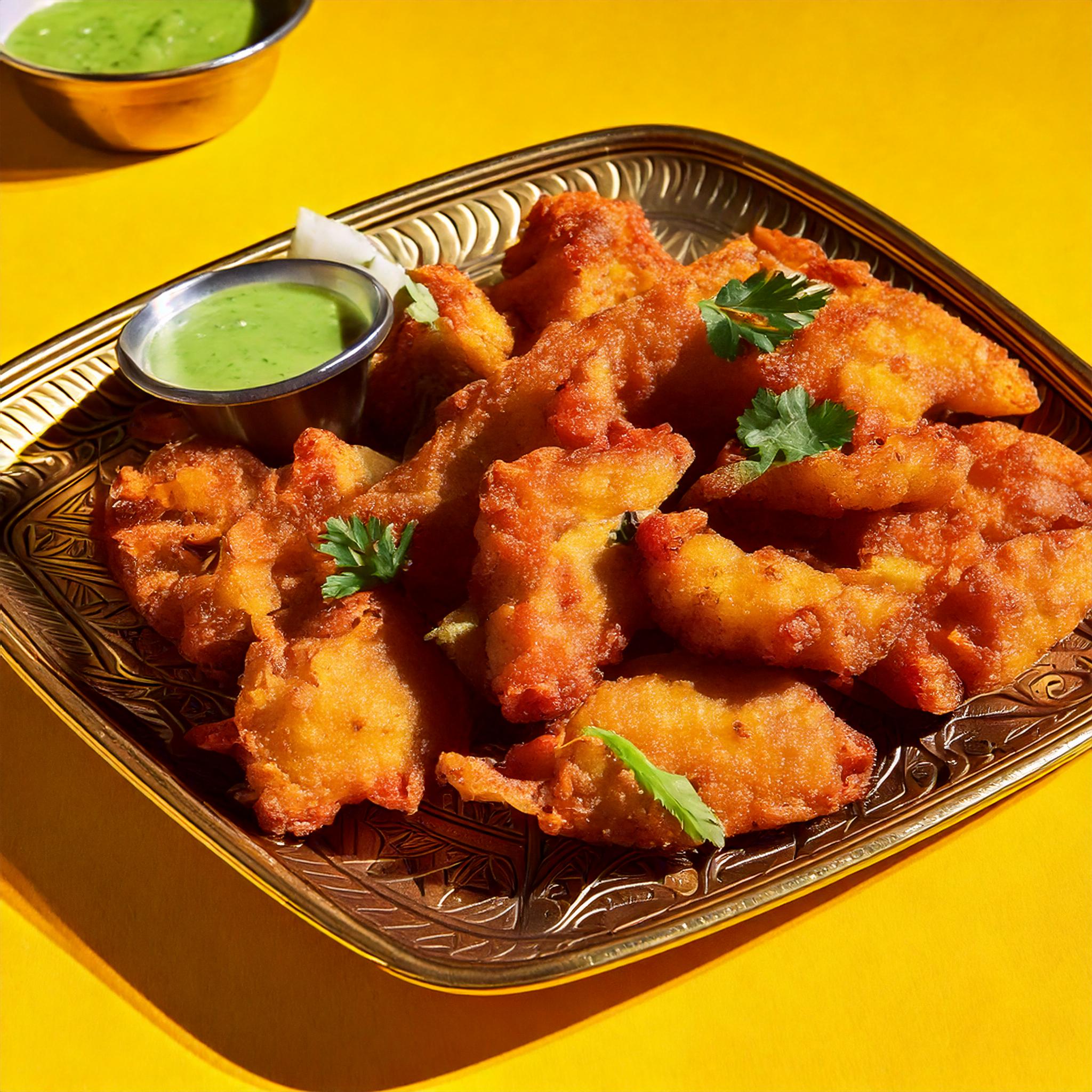 Golden-fried Indian pakora — spiced chickpea-battered potato fritters served at Inder'n in Kastrup