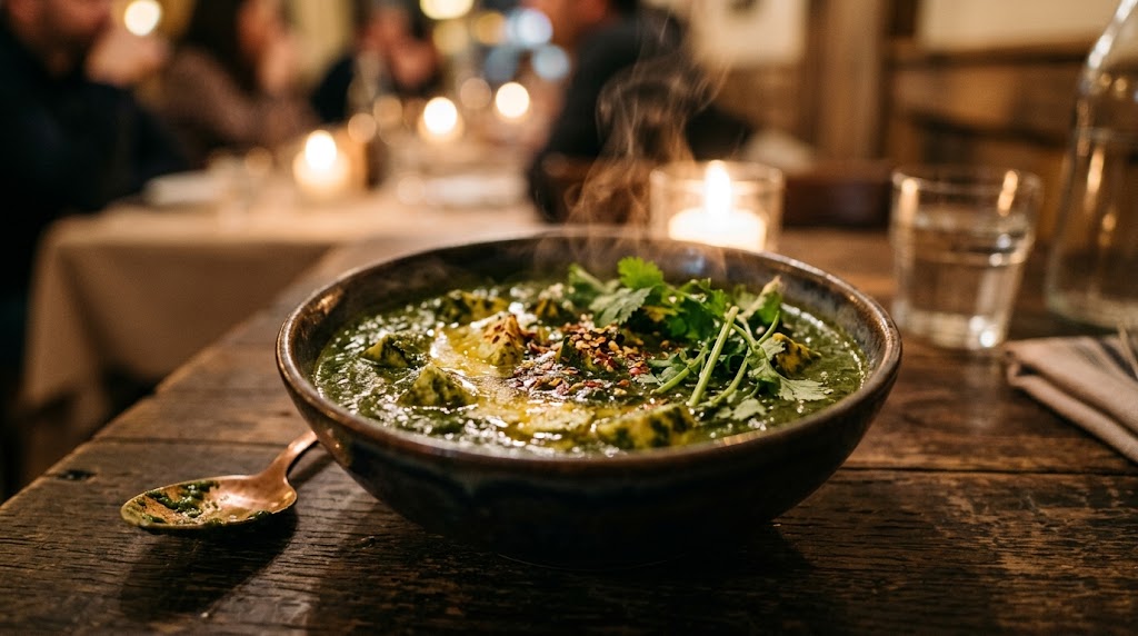 En skål palak paneer med frisk spinatsovs, hvid paneer og ghee, serveret på Inder'n i Kastrup nær Københavns Lufthavn