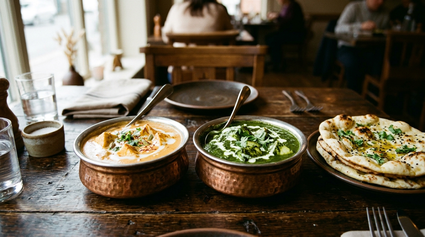 Bowls of creamy Shahi Paneer and green Palak Party with paneer served with naan, takeaway from Inder'n in Kastrup
