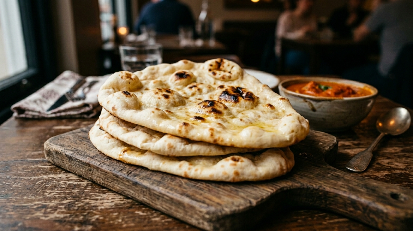Plain naan — soft pillowy tandoor-baked flatbread from Inder'n in Kastrup, brushed with butter and stacked beside a curry