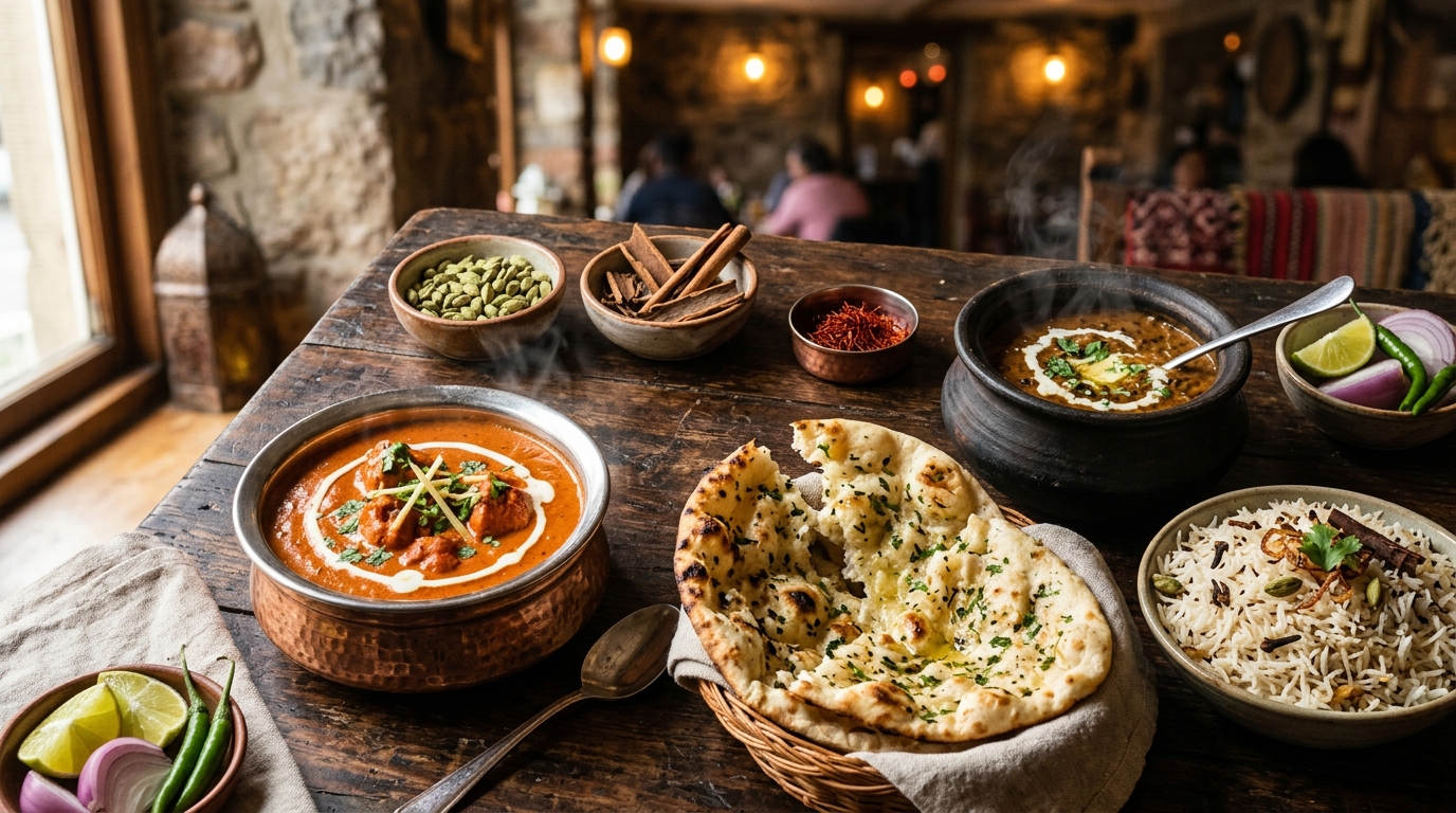 Punjabi food spread — butter chicken, dal makhani, garlic naan and basmati rice on a wooden table at Inder'n in Kastrup