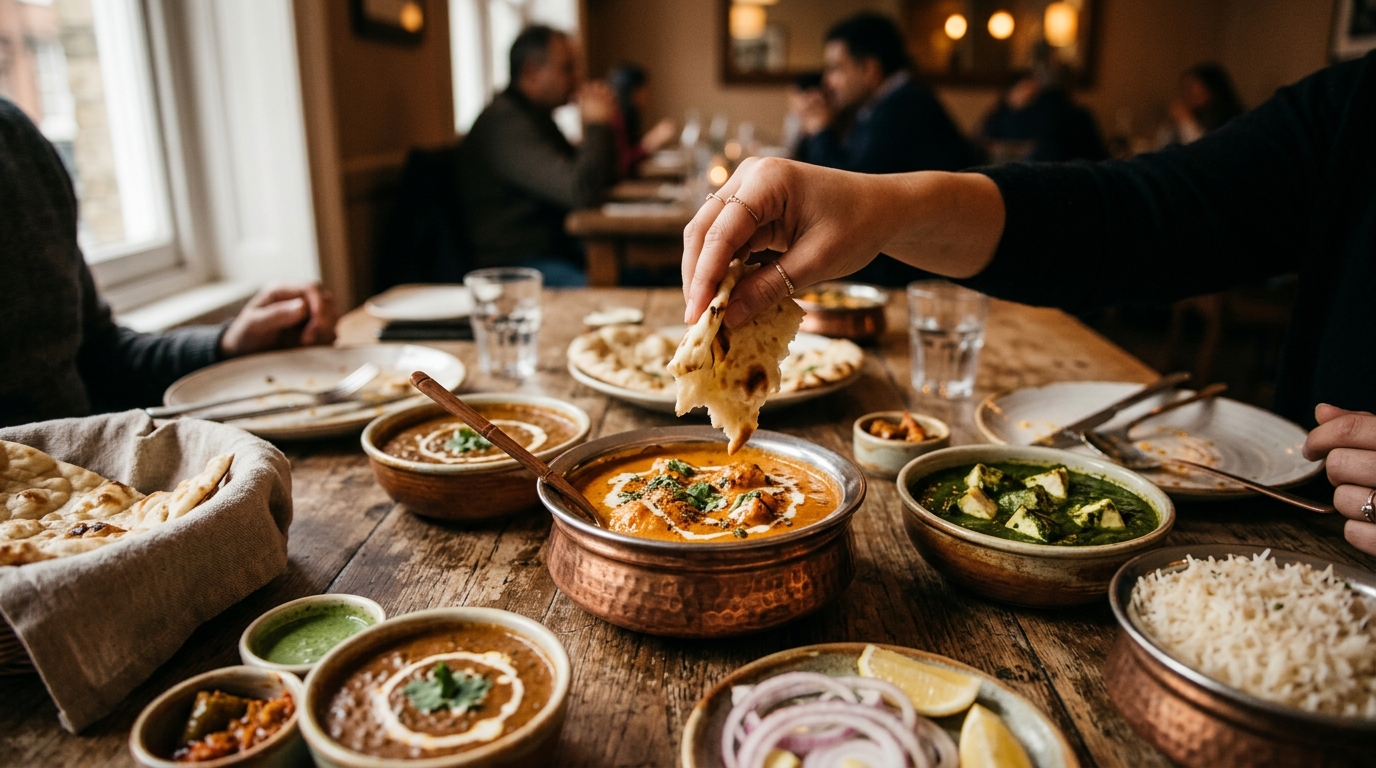 Delt indisk måltid med naan, butter chicken, dal makhani, palak paneer og basmati ris på et træbord: sådan spiser man indisk mad, guide fra Inder'n i Kastrup