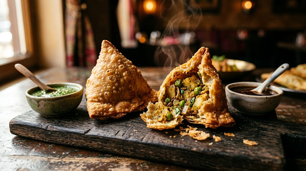 Sprøde indiske samosa med krydret kartoffel og ærter, serveret med mint- og tamarindchutney hos Inder'n i Kastrup