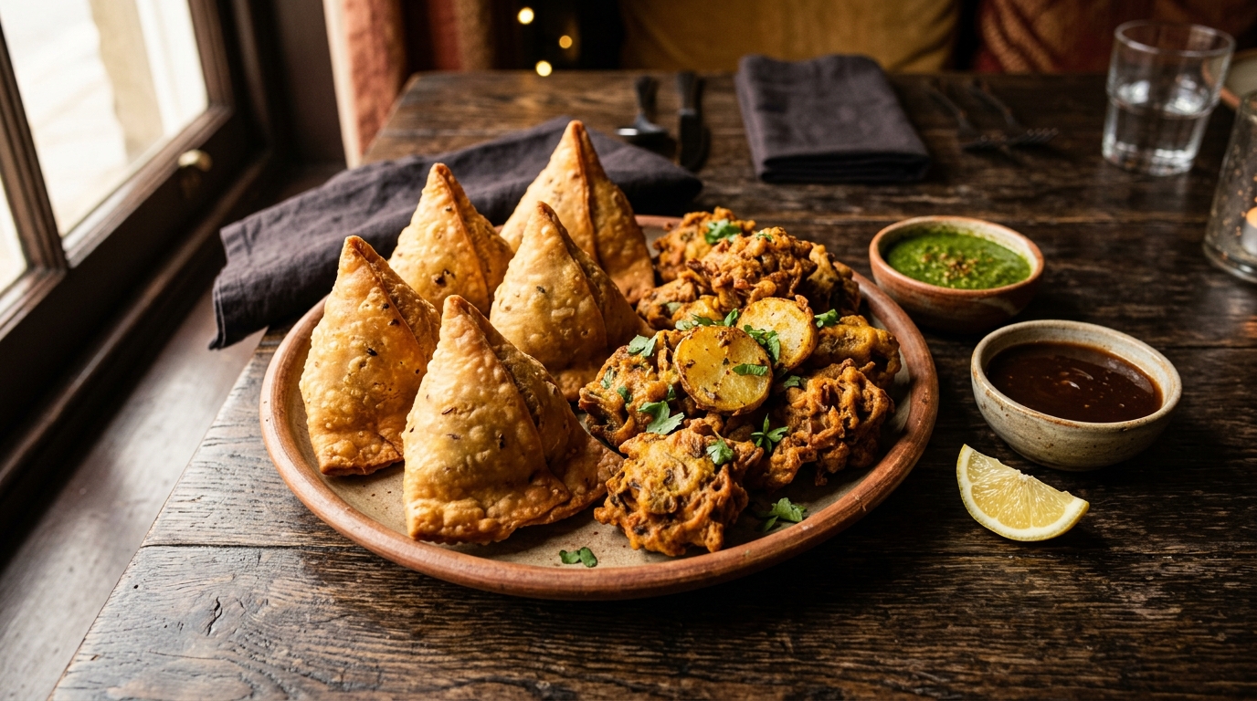 Golden samosas and potato pakora with chutneys on a dark wooden table, takeaway starters from Inder'n in Kastrup