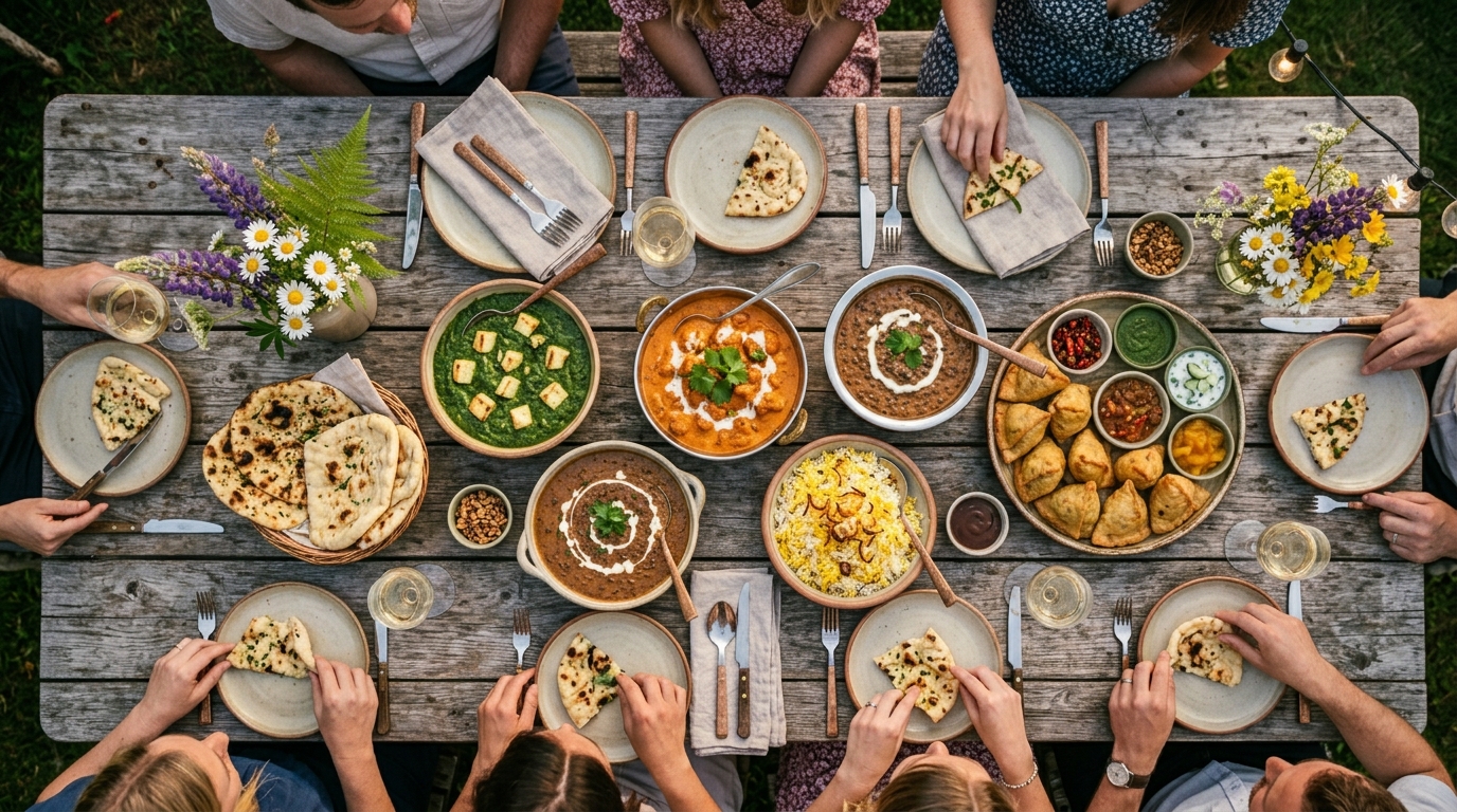 Varm indisk buffet med butter chicken, palak, naan og samosa til sankthans catering i Kastrup
