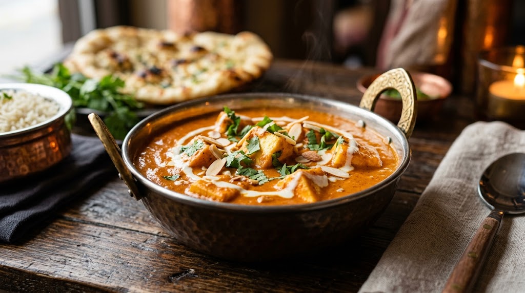 Shahi Paneer — blød paneer i cremet cashew-tomatsauce, serveret med naan hos Inder'n i Kastrup