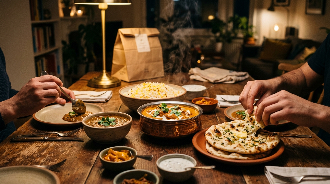 Søndagsmad fra Inder'n i Kastrup: butter chicken, garlic naan, basmati ris og dal makhani på et trædæk bord