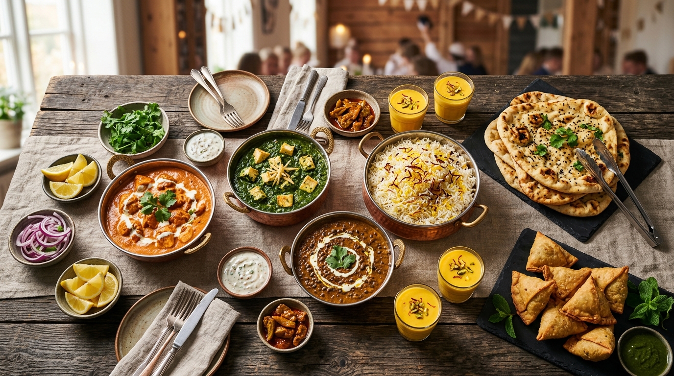 Indisk catering buffet til studenterfest i Kastrup — butter chicken, palak paneer, naan og samosa fra Inder'n