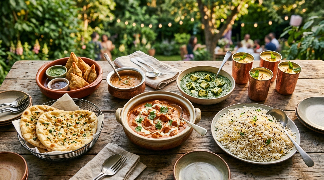 Indian summer party catering buffet from Inder'n in Kastrup — butter chicken, palak paneer, naan and samosa on a wooden table in a garden