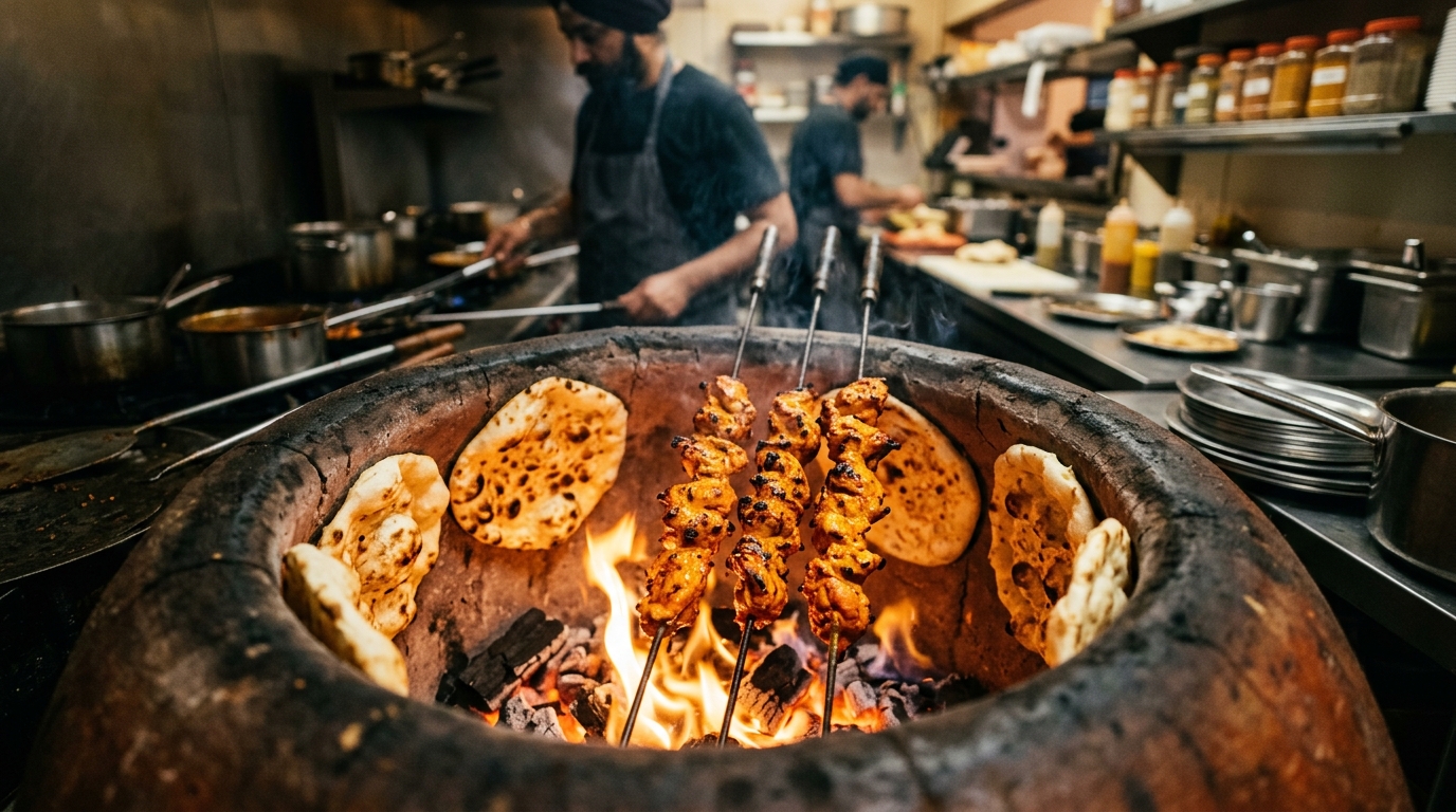 Glødende tandoor ovn med frisk naan på lervæggene og tandoori-kylling over kul i Inder'ns køkken i Kastrup