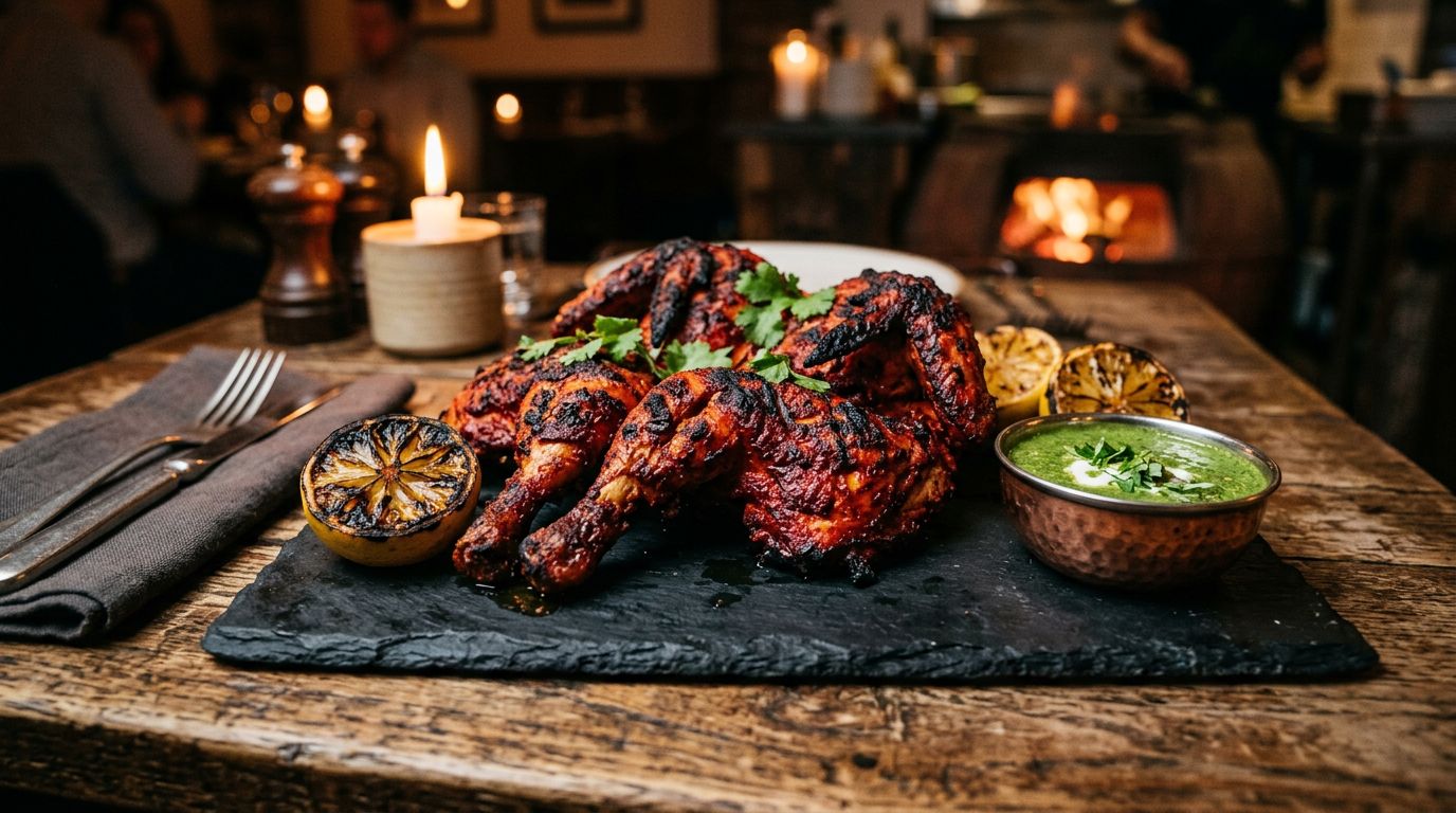 Whole tandoori chicken pieces with deep crimson crust, served at Inder'n Indian takeaway in Kastrup near Copenhagen Airport