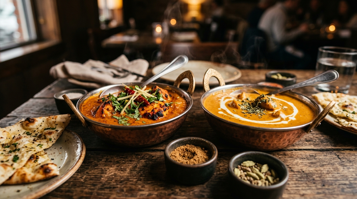 Chicken Tikka Masala and Butter Chicken side by side in copper bowls — both served at Inder'n in Kastrup