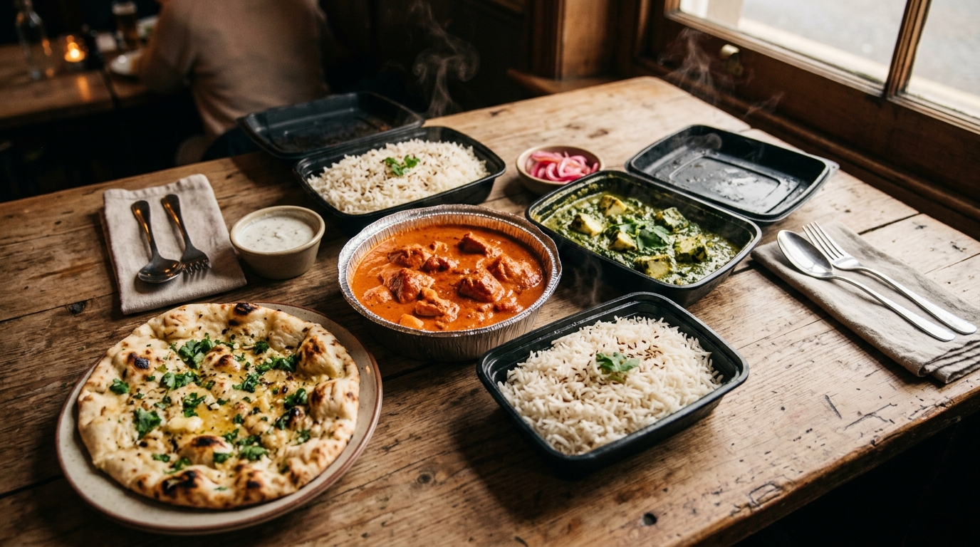 Indisk tirsdagsmad til to: butter chicken, palak paneer, basmatiris og garlic naan i takeawaybakker på et træbord, fra Inder'n i Kastrup