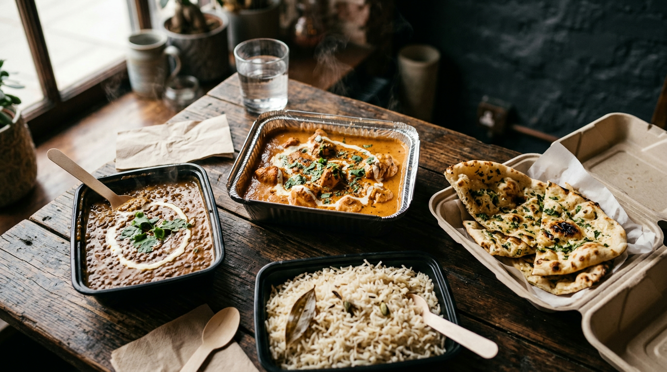 Indisk torsdagsmad fra Inder'n i Kastrup: butter chicken, daal makhani, garlic naan og basmati ris i takeaway-bakker