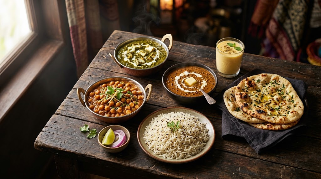 Overhead spread of vegetarian Indian dishes from Inder'n in Kastrup — palak paneer, chana masala, daal makhani, garlic naan and basmati rice