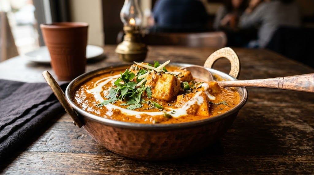 Shahi Paneer — fresh paneer cubes in a creamy tomato-cashew sauce, served at Inder'n in Kastrup near Copenhagen Airport
