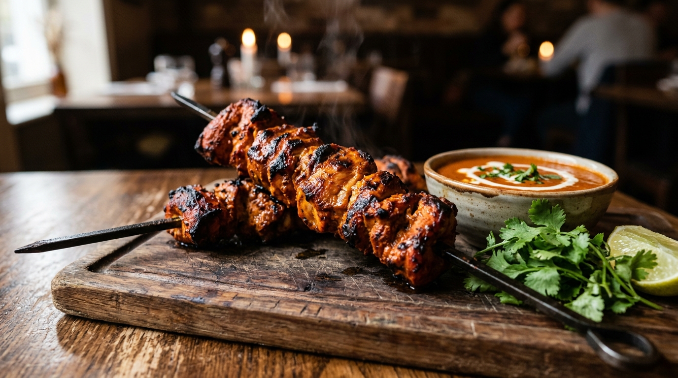 Freshly grilled chicken tikka with charred edges on a skewer beside a bowl of masala sauce at Inder'n Indian takeaway in Kastrup