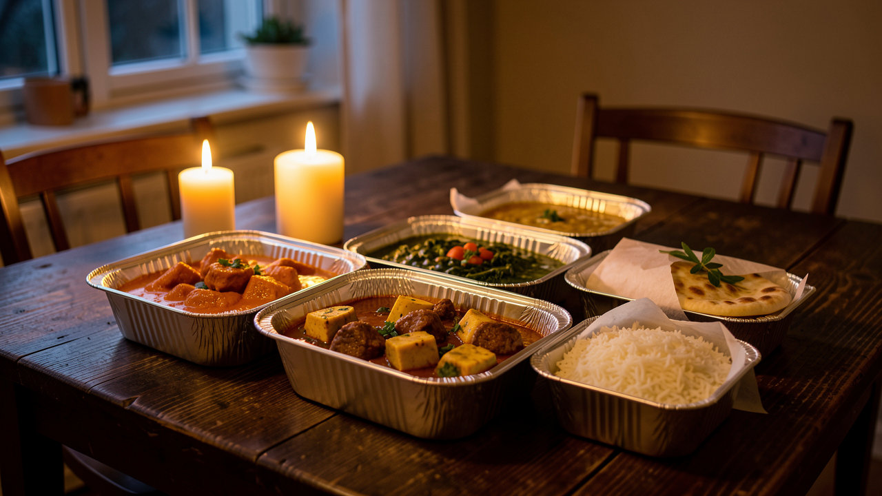 Lørdag aften ved et spisebord i Kastrup med indisk takeaway: butter chicken, lamb rogan josh, palak paneer, dal makhani, basmatiris og naan
