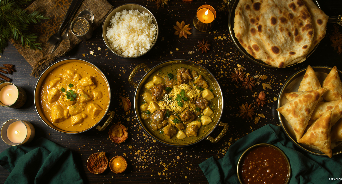 Indisk nytårscatering i Kastrup: nordindisk buffet med butter chicken, dal makhani, palak paneer, basmatiris og naan i messingfade