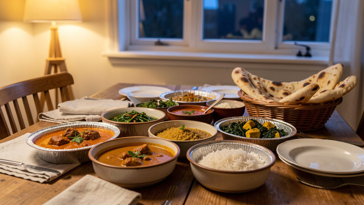 Søndag aften ved et spisebord i Kastrup med indisk takeaway: butter chicken, lamb rogan josh, palak paneer, dal, basmatiris og naan